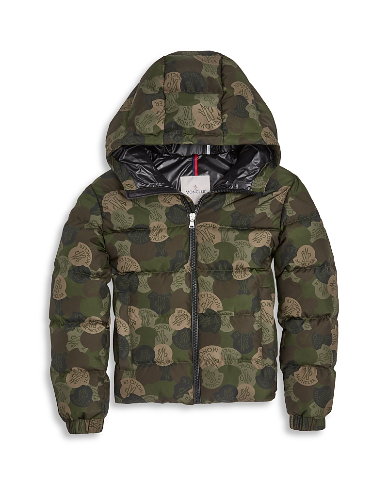 Moncler Boy's Escer Camo Logo-print Puffer Jacket In Blue
