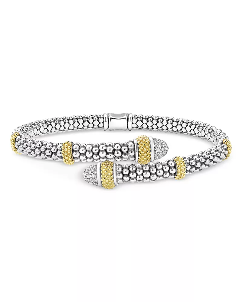 Lagos 18K Yellow Gold & Sterling Silver Caviar Lux Diamond Bypass Bangle Bracelet