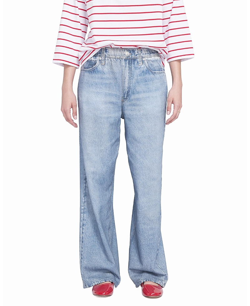 Elle Collection Printed Denim On Lightweight French Terry Wide-leg Pants In Blue