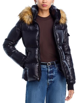 Gloss Puffer Jacket with Faux Fur Trimmed Hood - Exclusive
