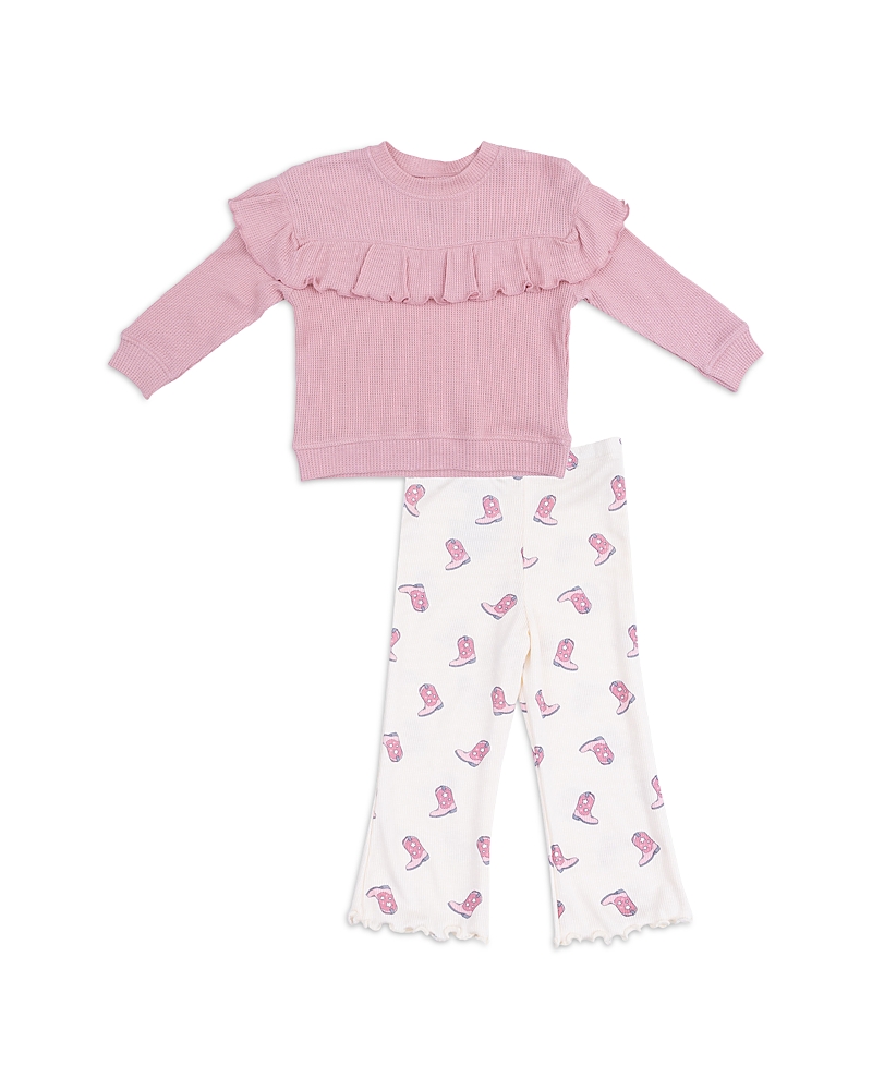 Angel Dear Girls' Ruffle Waffle Top & Cowgirl Boots Rib Flare Pant - Baby In Pink