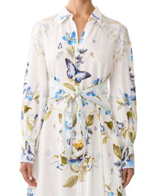 Linen Tie Waist Mixed Print Shirtdress