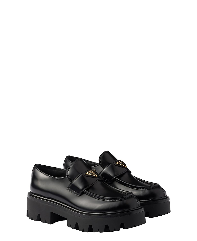 Prada Black Leather Loafers In Black
