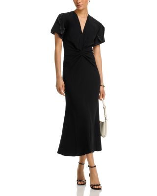 V Neck Gathered Front Midi Dress