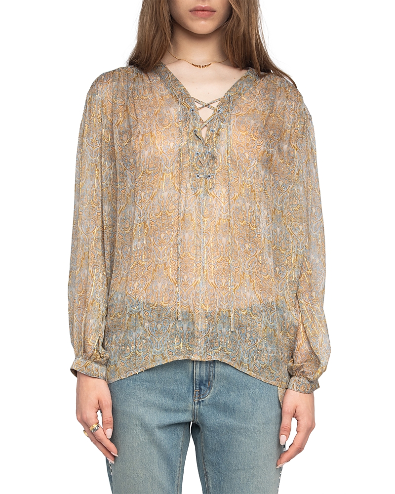 Zadig & Voltaire Womens Cloud Tamela Metallic-stripe Chiffon Blouse In Brown