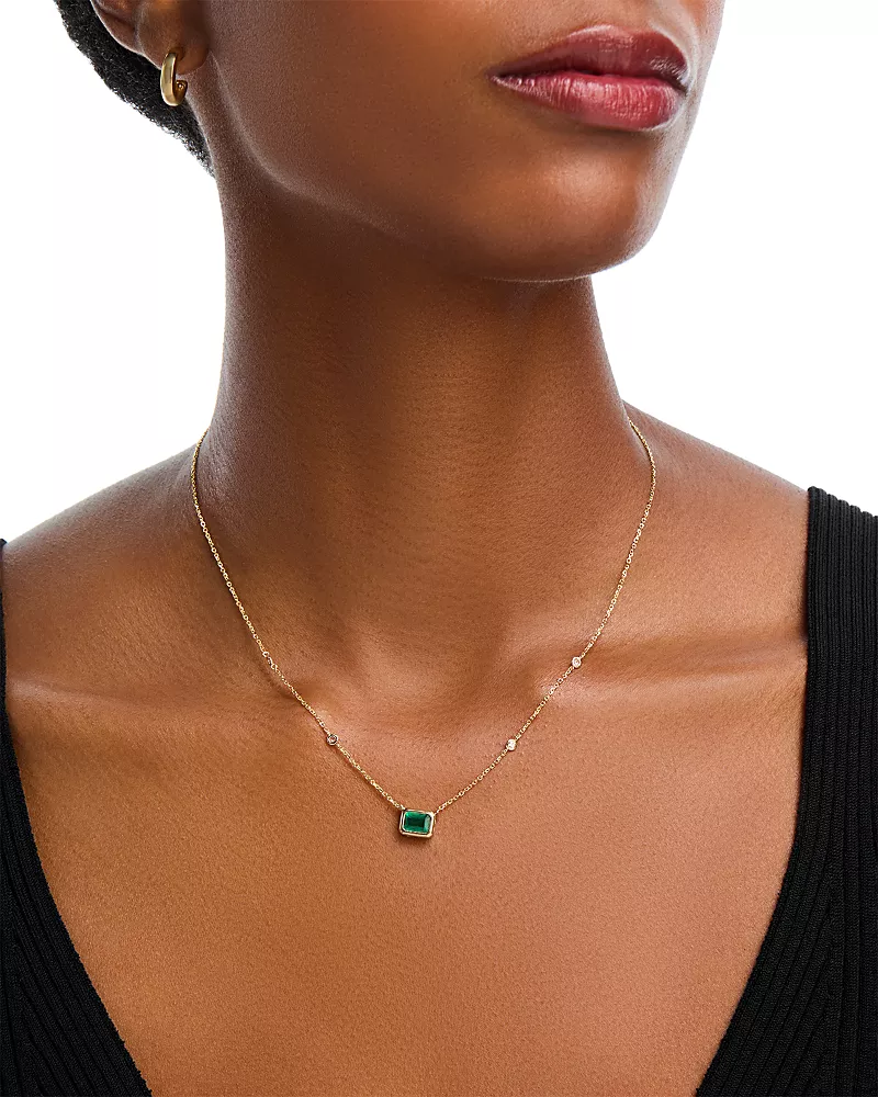 Bloomingdale's Fine Jewelry Emerald & Diamond Octagon Bezel Pendant Necklace in 14K Yellow Gold, 17