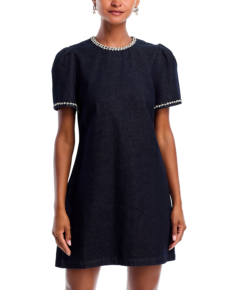 Aqua Crystal Denim Short Sleeve Shift Dress - Exclusive In Blue