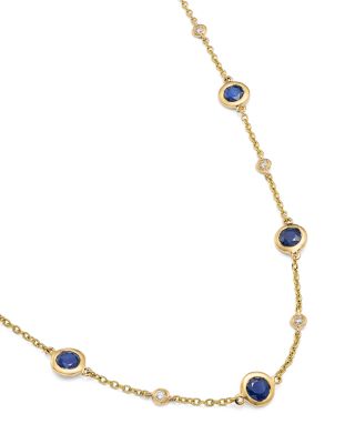 Blue Sapphire & Diamond Bezel Station Necklace in 14K Yellow Gold, 17"