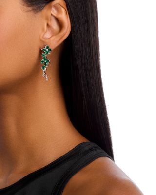 Emerald & Diamond Flower Drop Earrings in 14K White Gold