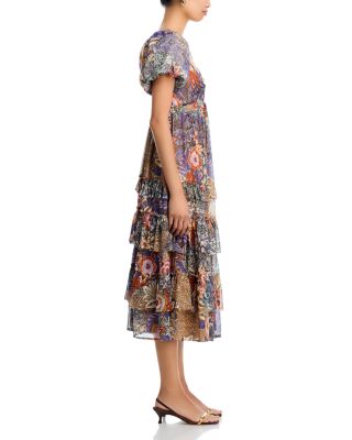 Metallic Floral Print Midi Boho Dress - Exclusive