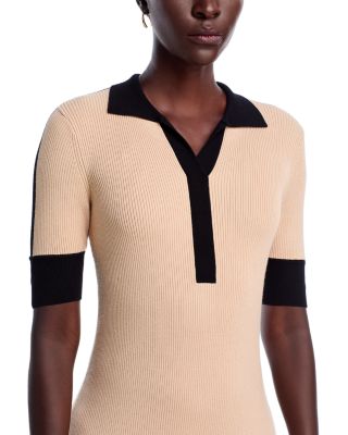 Elbow Sleeve Split V Neck Collar Rib Dress with Contrast Trim