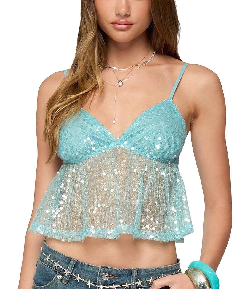 Edikted Sheer Sequin Babydoll Tank Top In Brown