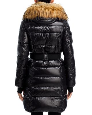 Long Belted Puffer with Faux Fur Trimmed Hood - Exclusive