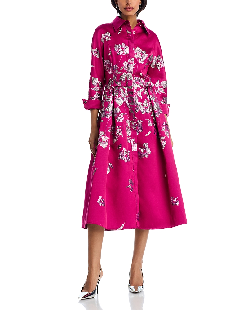 Teri Jon By Rickie Freeman Metallic Jacquard Shirt Dress In Pink