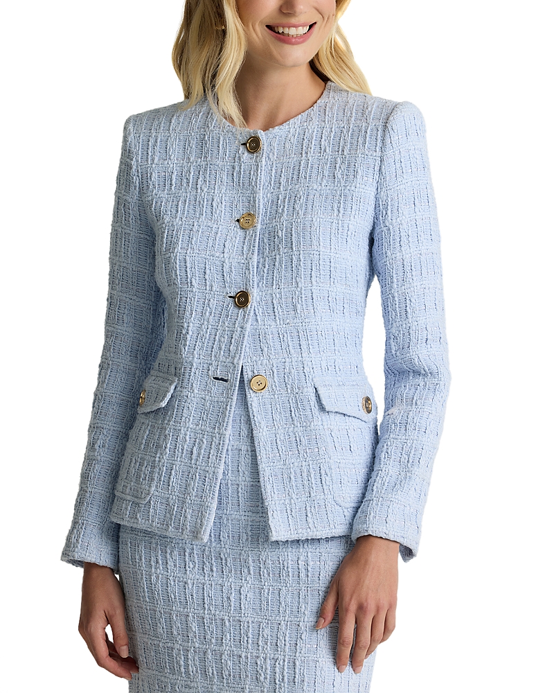 St John St. John Collection Plaid Textured Cotton Blend Tweed Jacket In Blue