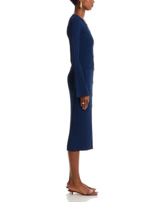 Aron Dress V Neck Button Front Slim Long Sleeve Midi Stretch Bodycon Dress
