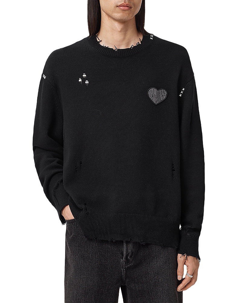 Allsaints Theo Distressed Embroidered Sweater In Black