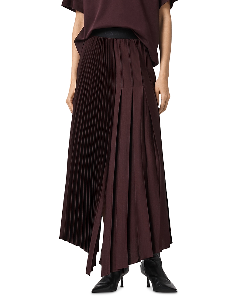 Allsaints Womens Oxblood Red Jax Pleated Satin Midi Skirt In Burgundy