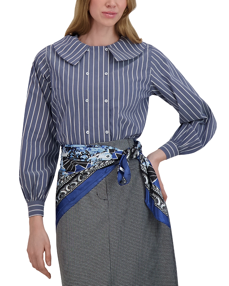 Point Double Breasted Button Up Blouse In Blue