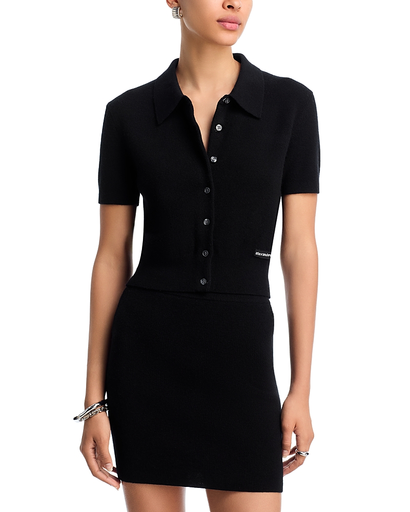 Alexander Wang T Alexanderwang. T Short Sleeve Polo Cardigan With Knit Logo Patch In Black