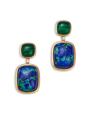 Malachite, Azurite & Diamond Drop Earrings in 14K Yellow Gold