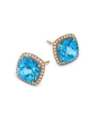 Blue Topaz & Diamond Cushion Halo Stud Earrings in 14K Yellow Gold