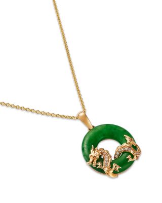 Dyed Jade & Diamond Dragon Circle Pendant Necklace in 14K Yellow Gold, 16-18"