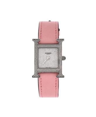 Pre-Owned HERMÈS - Heure H Quartz Watch in Stainless Steel and Leather with Diamond Bezel and Pave Dial 21mm