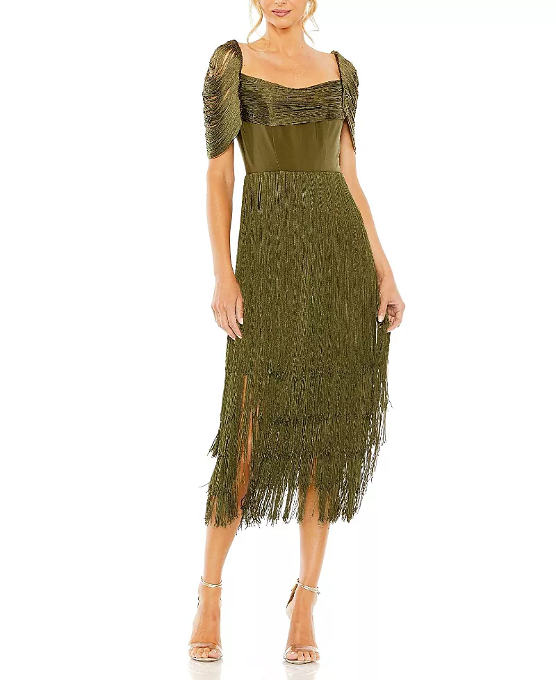 Mac Duggal Short Sleeve Fringe Detailed Midi Dress