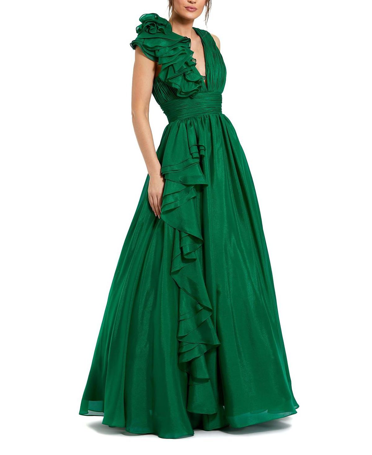 Mac Duggal Ruffle Shoulder V-Neck Chiffon Gown