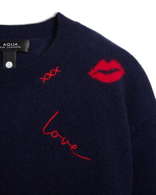 Girls' Knitted Crewneck Pullover Lip Jacquard Embroidered Cashmere Sweater, Big Kid - Exclusive