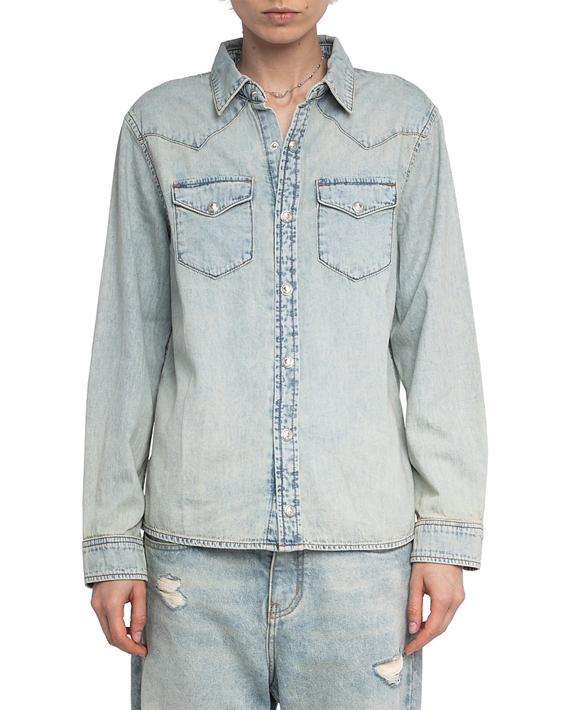 Zadig & Voltaire Saby Studded Denim Button-up Shirt In Blue