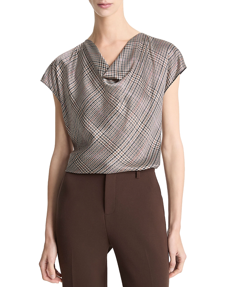 Vince Pressed Plaid Cowl Neck Silk Top In Brown