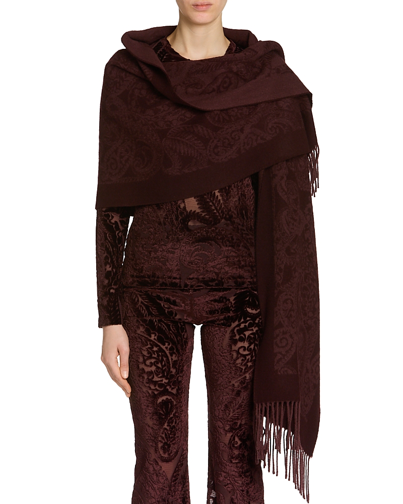 Etro Wool Paisley Fringe Trim Hooded Scarf In Burgundy