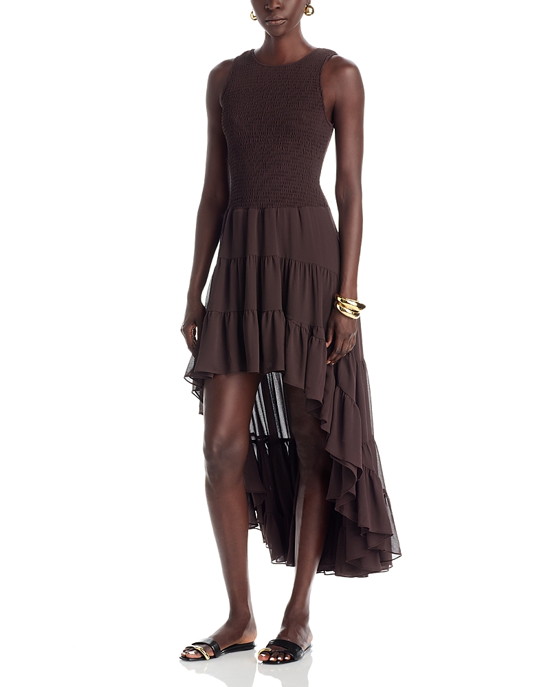 Michael Kors Michael Smocked High Low Dress In Brown