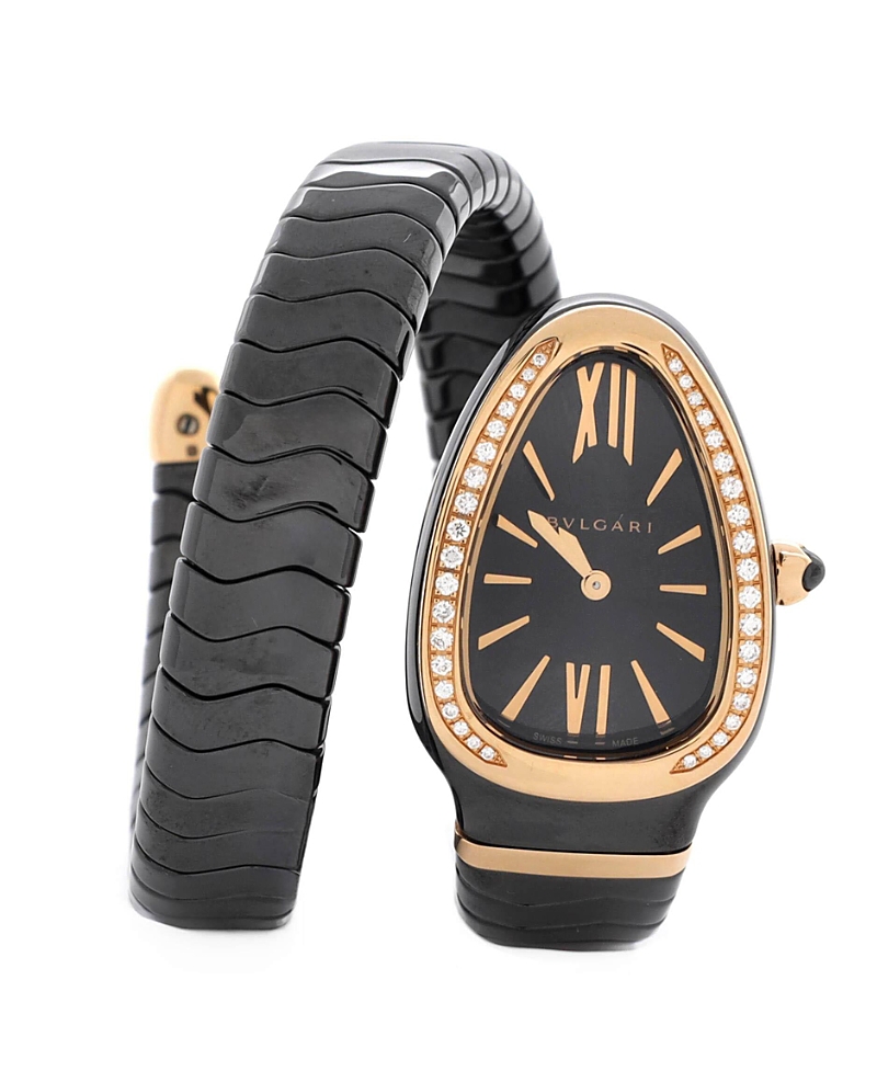 Pre-owned Pre-owned Bvlgari Bvlgari Serpenti Spiga Single Spiral Quartz Watch In Ceramic And Rose Gold With Diamond Be In Black