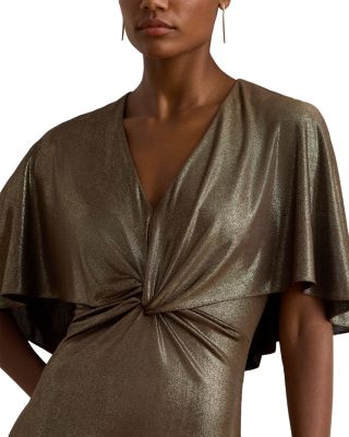 Metallic Jersey Twist Front Cape Gown