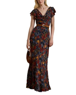 Floral Clipped Jacquard Cowlneck Gown