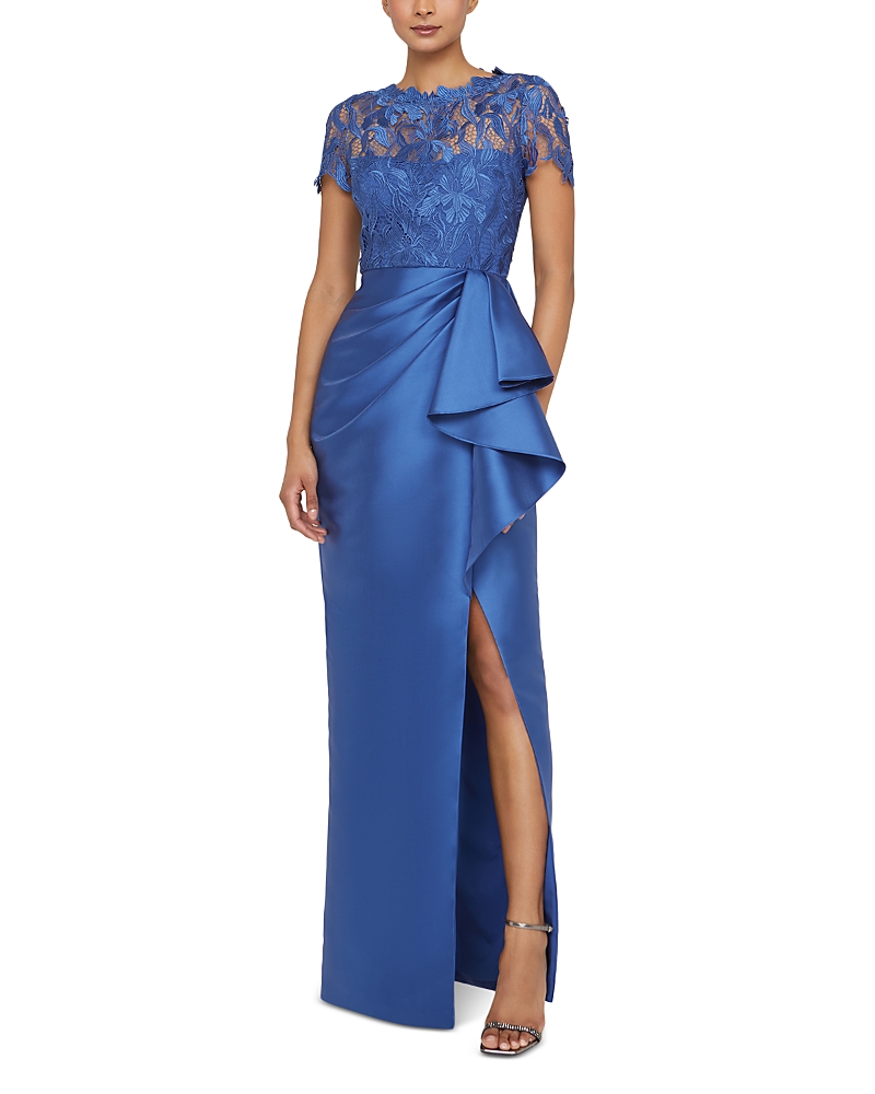 Theia Selena Draped Column Gown In Blue