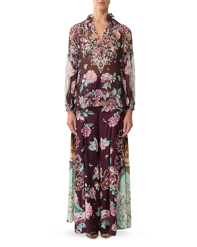 Camilla Floral Print Silk Blouse In Brown