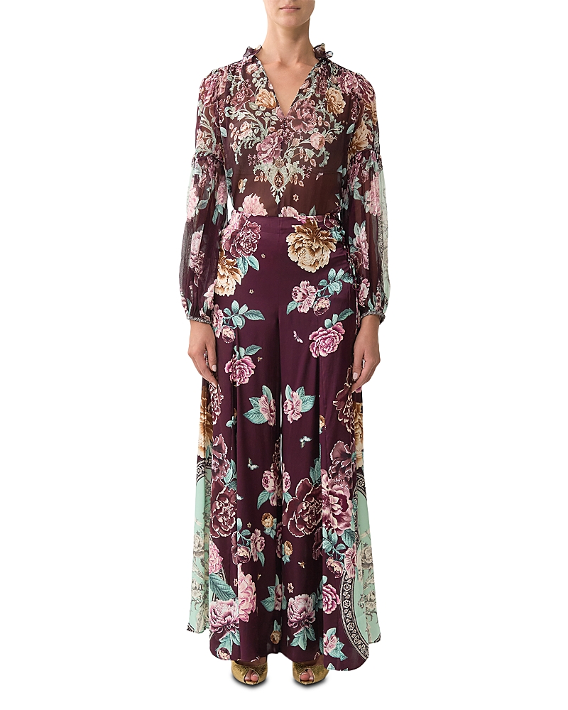 Camilla Silk Floral Lace Up Pants In Burgundy