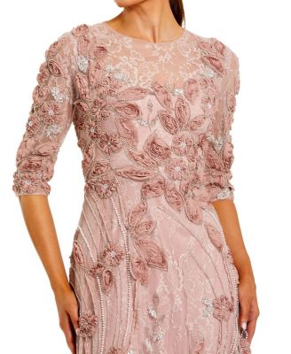  3/4 Sleeve High Neck Embroidered A-Line Gown