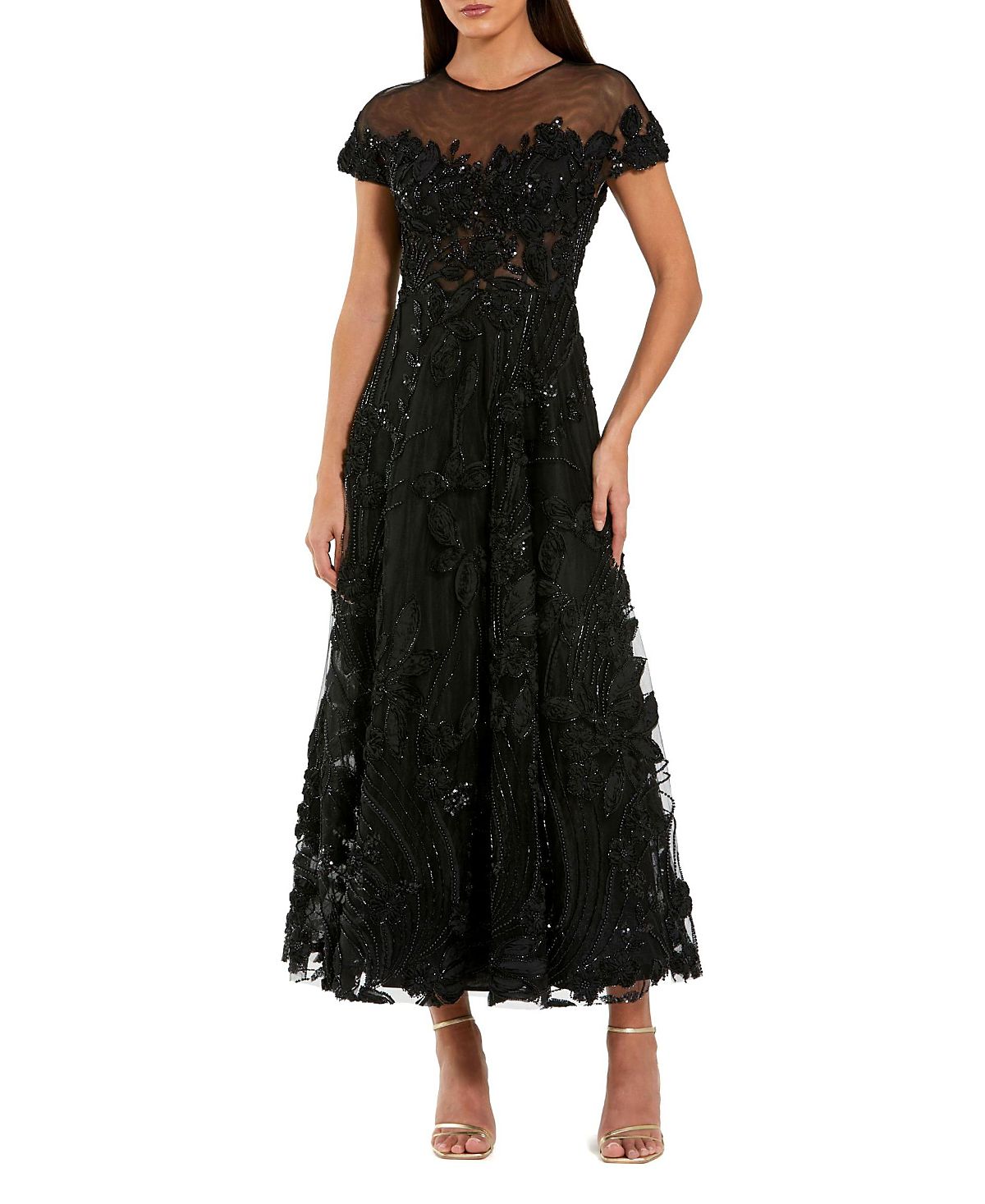 Mac Duggal Embellished Lace Illusion Neck A-Line Midi Dress