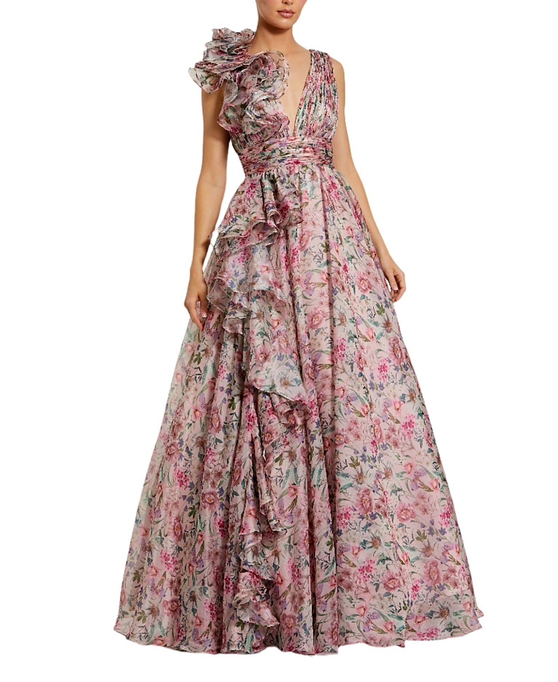 Mac Duggal Ruffle Shoulder V-Neck Printed Chiffon Gown