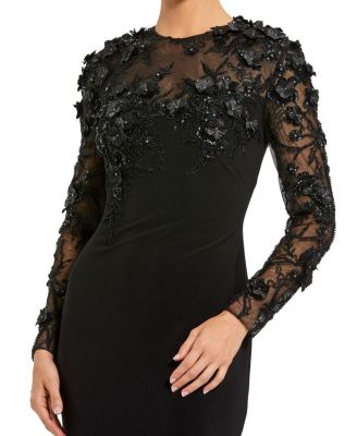 Jersey Long Sleeve Fitted Gown With Floral Beading