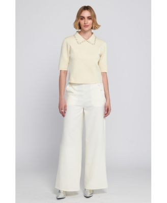 Self Covered Buttons Wide Leg Trouser