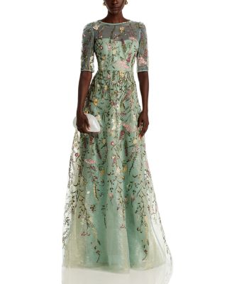 Floral Embroidered Tulle Elbow Sleeve Gown  