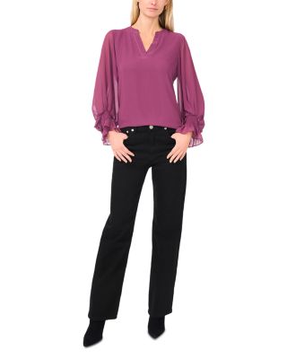 V Neck Sheer Sleeve Top