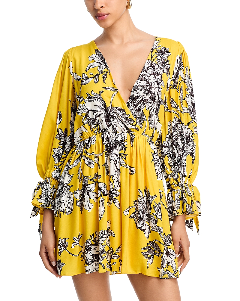 Alice And Olivia Clarissa Deep V Tie Sleeve Mini Dress Blooming Wild Golden Hour In Multi