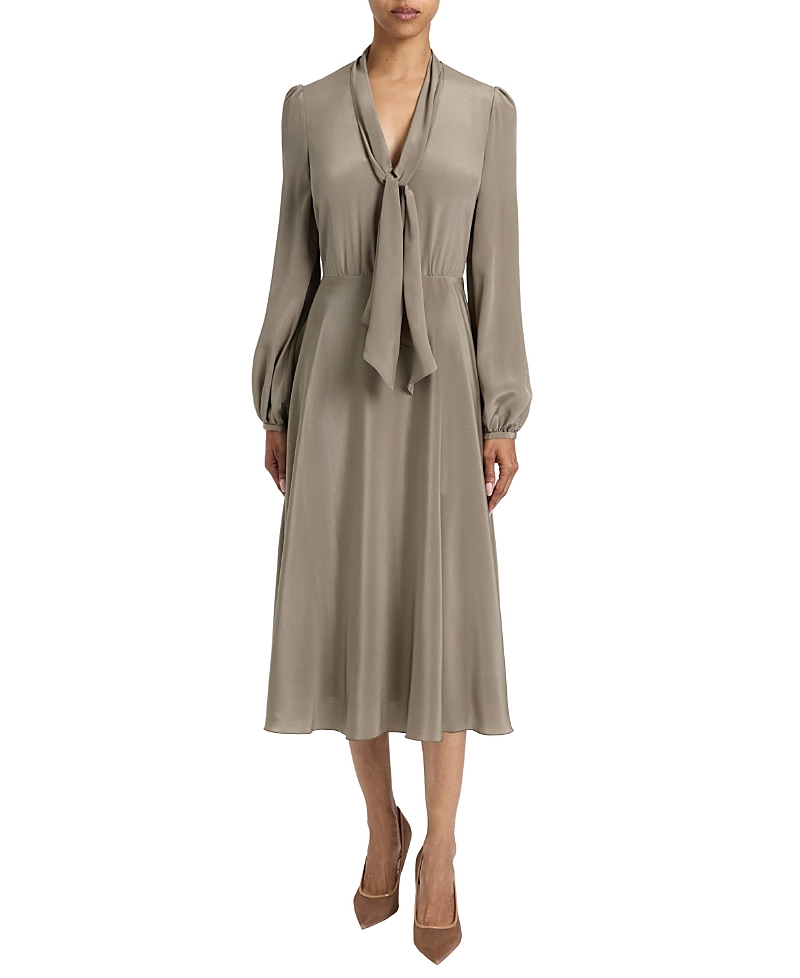 Santorelli Jenn Silk Midi Dress With Drop Neck Tie In Gray